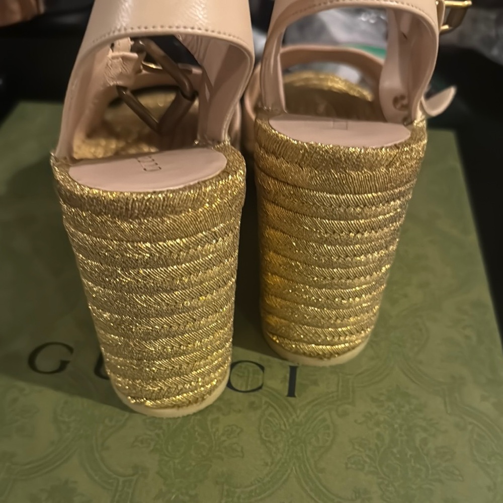 Gucci Cream and Gold Espadrille Sandals with Ankle Strap - Picture 6 of 7